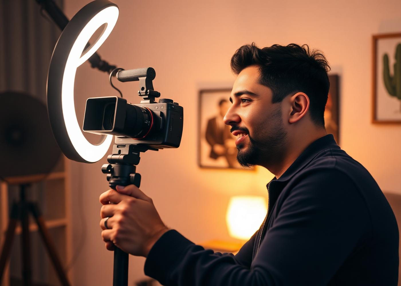 Rodrigo Estévez grabando un video en su estudio casero